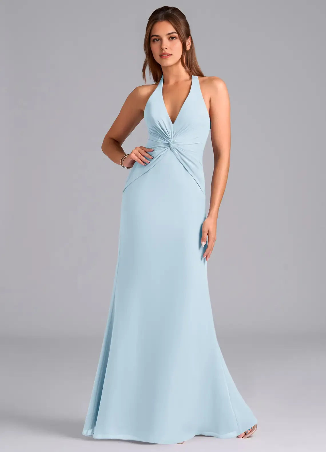 Luxe Mermaid Chiffon Halter Neck Sleeveless Bow Back Floor Length Bridesmaid Dress