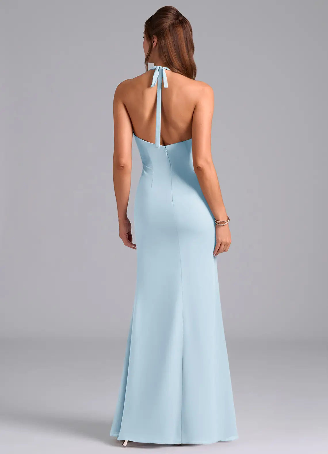 Luxe Mermaid Chiffon Halter Neck Sleeveless Bow Back Floor Length Bridesmaid Dress