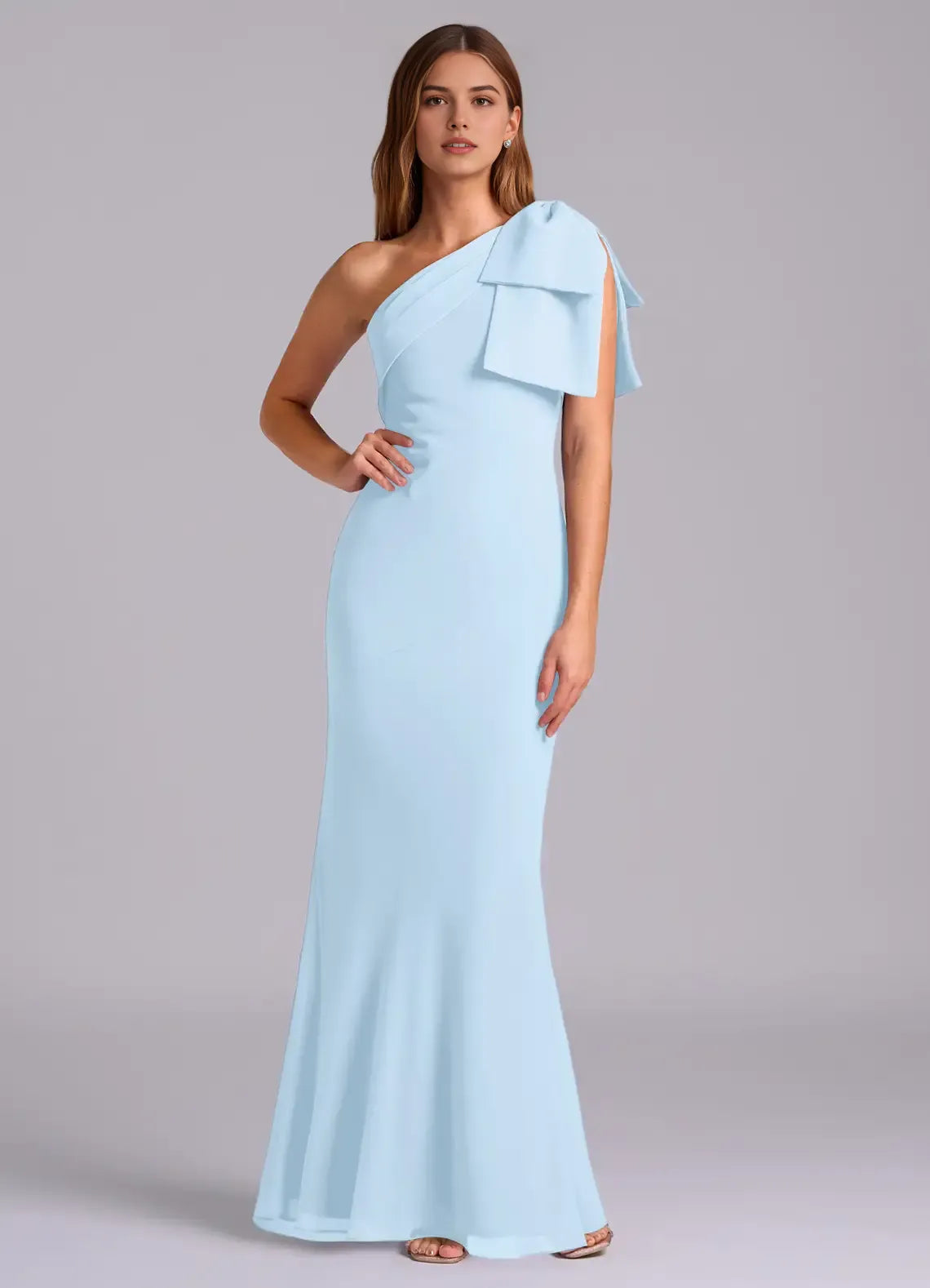 Luxe Mermaid Chiffon One Shoulder Bow Accent Open Back Floor Length Bridesmaid Dress