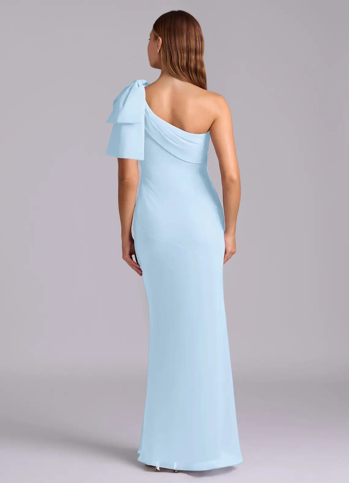 Luxe Mermaid Chiffon One Shoulder Bow Accent Open Back Floor Length Bridesmaid Dress