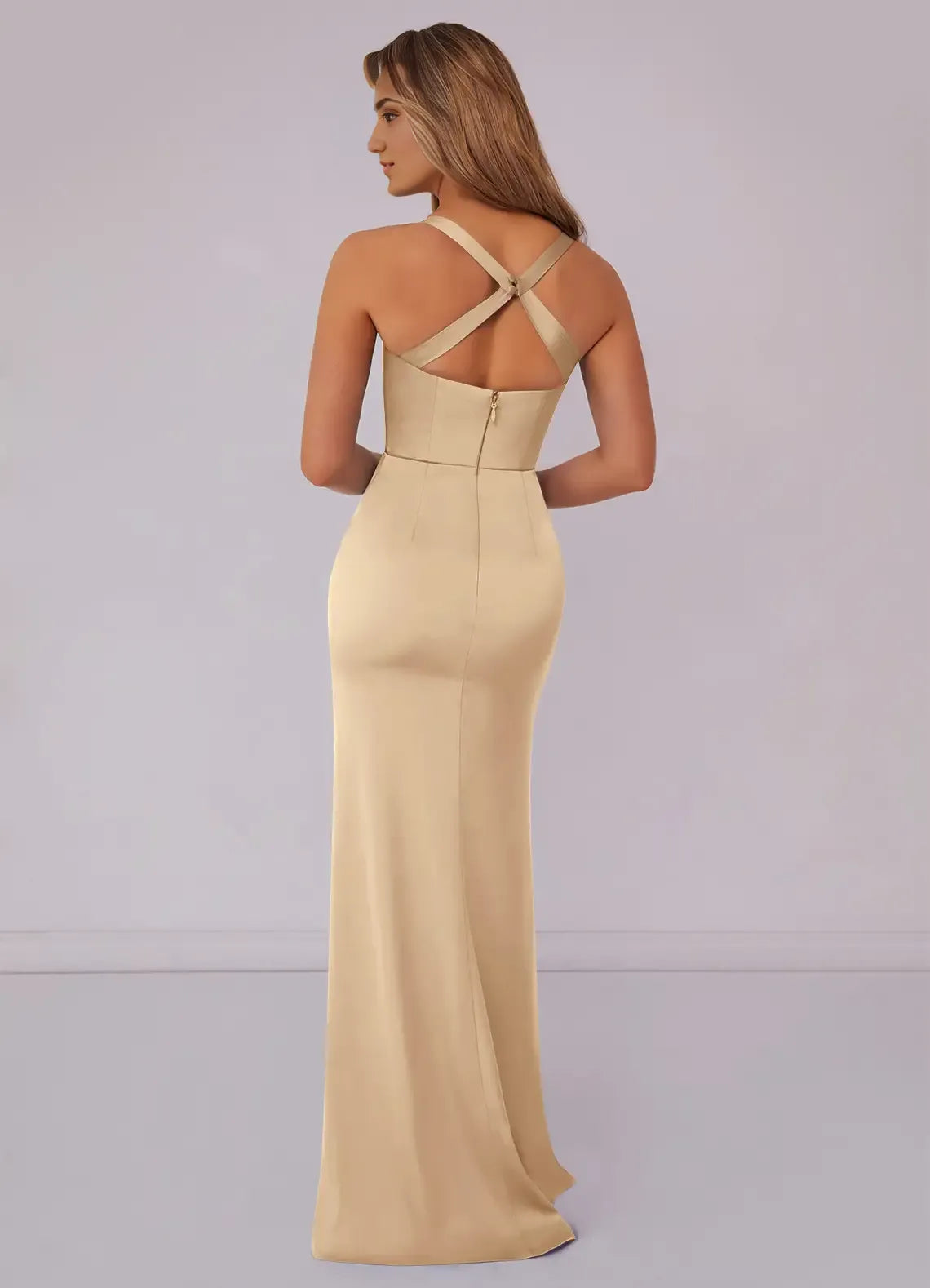 Luxe Mermaid Cross Halter Neck Sleeveless Open Back Floor Length Bridesmaid Dress