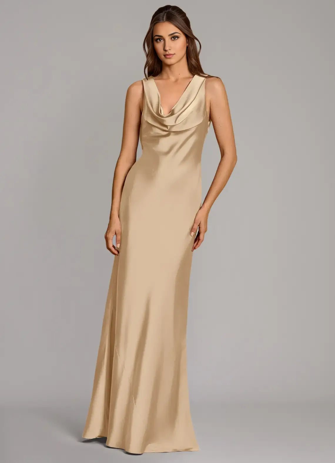 Luxe Mermaid Satin Cowl Neck Sleeveless Cross Back Floor Length Bridesmaid Dress