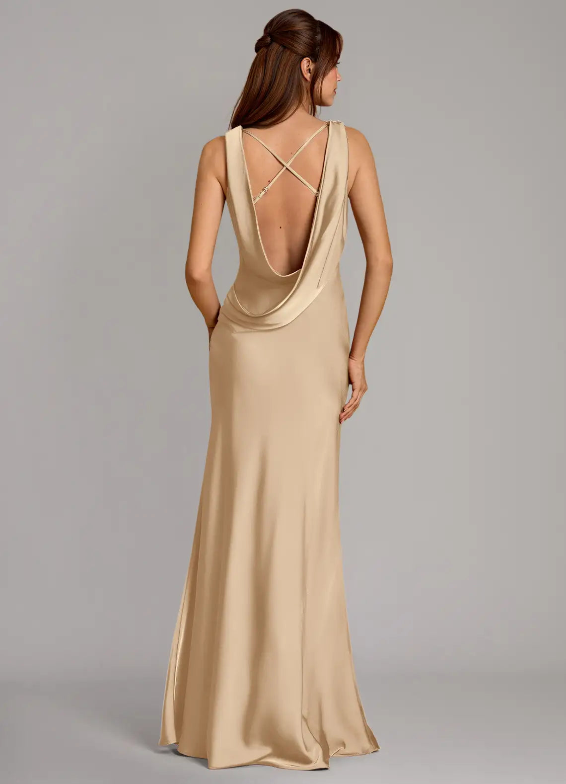 Luxe Mermaid Satin Cowl Neck Sleeveless Cross Back Floor Length Bridesmaid Dress