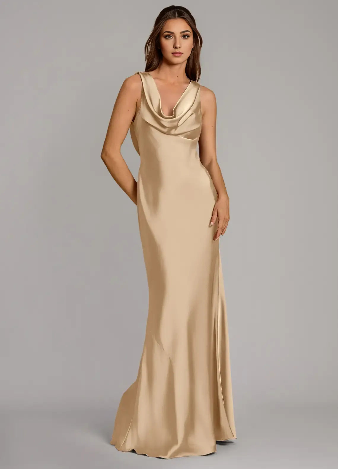 Luxe Mermaid Satin Cowl Neck Sleeveless Cross Back Floor Length Bridesmaid Dress
