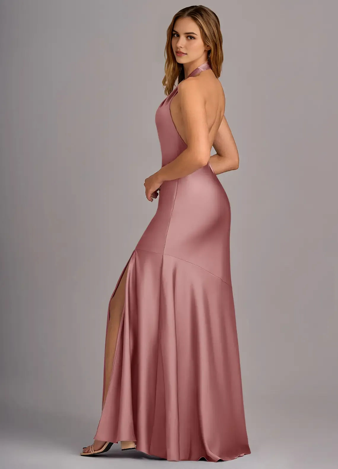 Luxe Mermaid Satin Halter Neck Sleeveless Open Back Floor Length Bridesmaid Dress