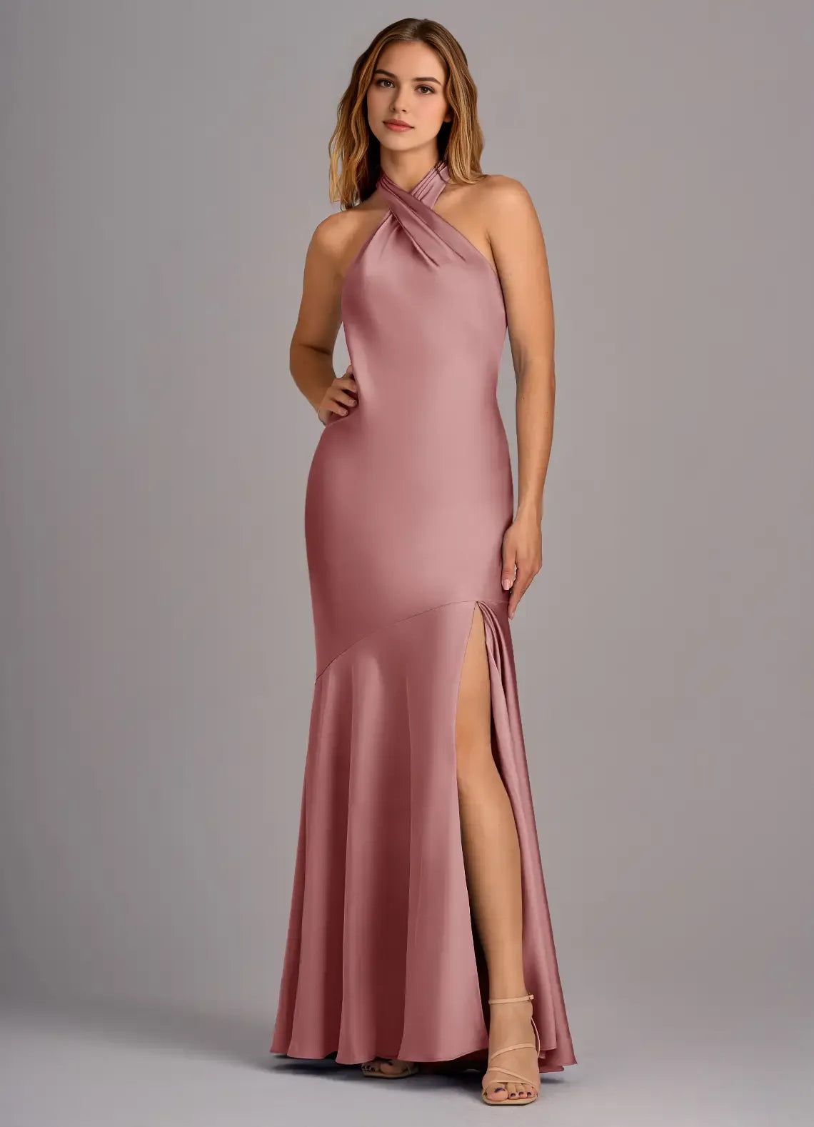 Luxe Mermaid Satin Halter Neck Sleeveless Open Back Floor Length Bridesmaid Dress