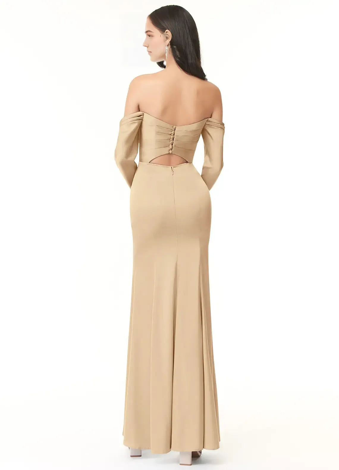 Luxe Mermaid Satin Off The Shoulder Long Sleeve Cut Out Back Floor Length Bridesmaid Dress