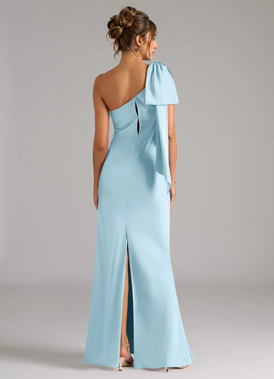 Luxe Mermaid Satin One Shoulder Bow Accent Cut Out Back Floor Length Bridesmaid Dress