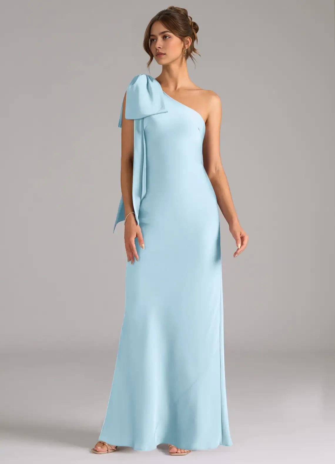 Luxe Mermaid Satin One Shoulder Bow Accent Cut Out Back Floor Length Bridesmaid Dress