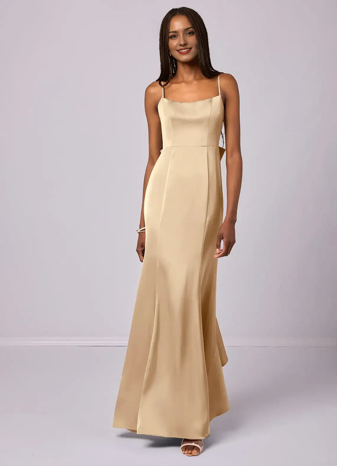 Luxe Mermaid Satin Square Neck Spaghetti Strap Bow Back Floor Length Bridesmaid Dress