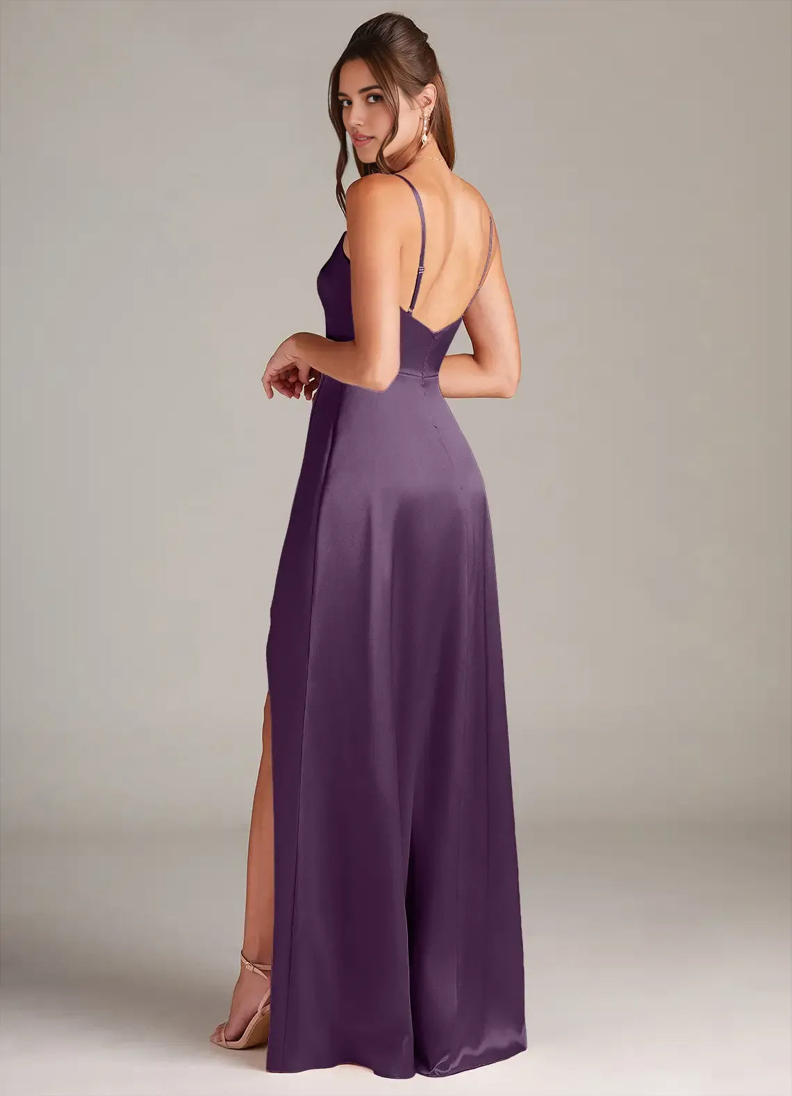 Luxe Sheath Satin Cowl Neck Spaghetti Strap Open Back Floor Length Bridesmaid Dress