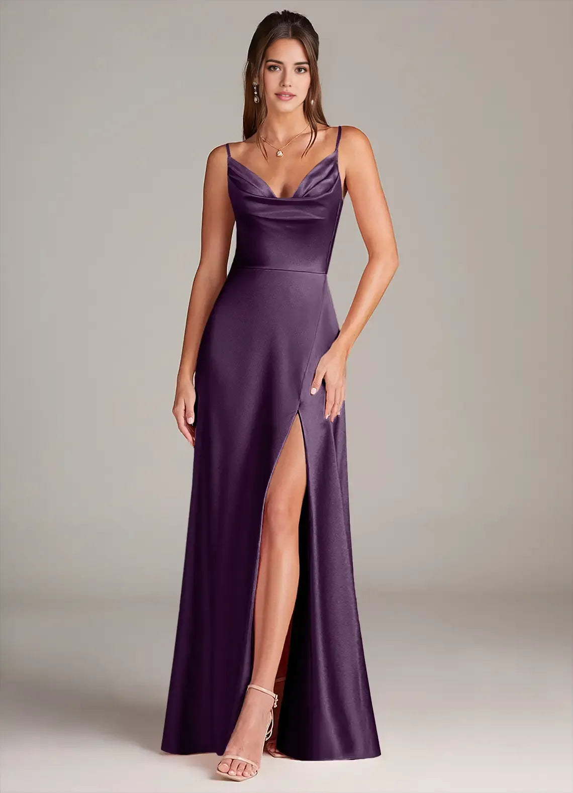 Luxe Sheath Satin Cowl Neck Spaghetti Strap Open Back Floor Length Bridesmaid Dress