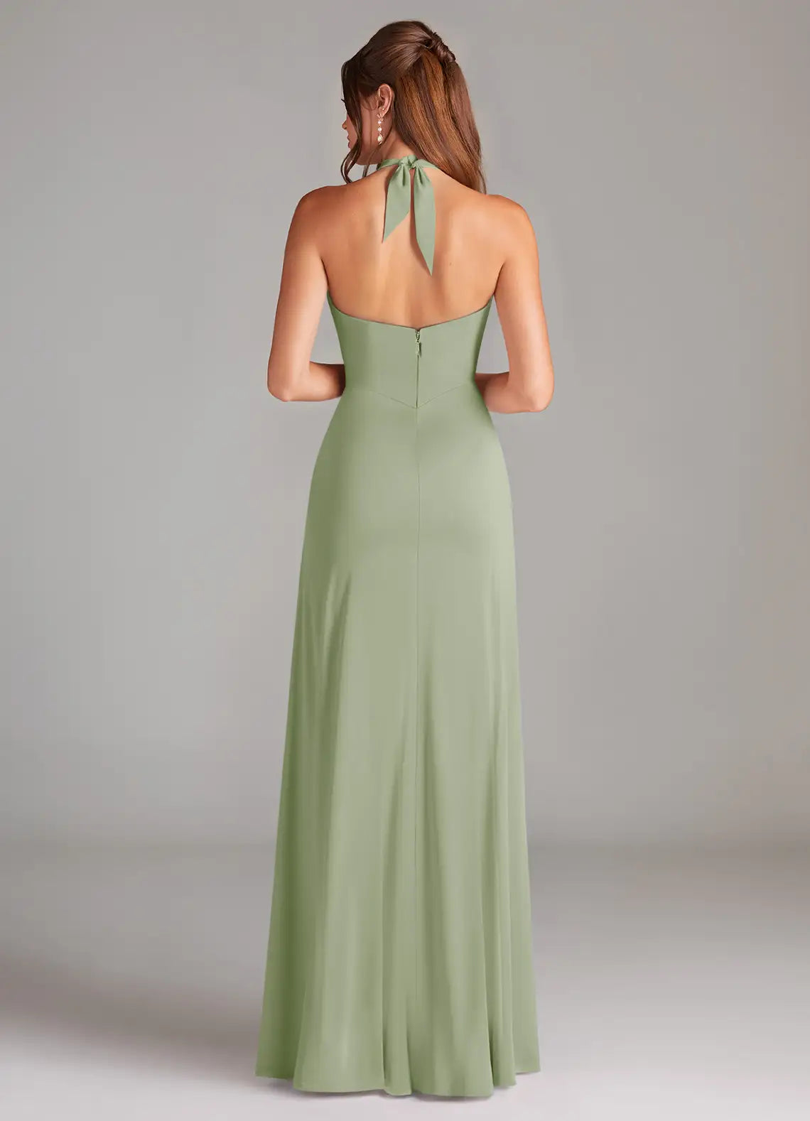 Luxe Sheath Satin Halter Neck Sleeveless Bow Back Floor Length Bridesmaid Dress