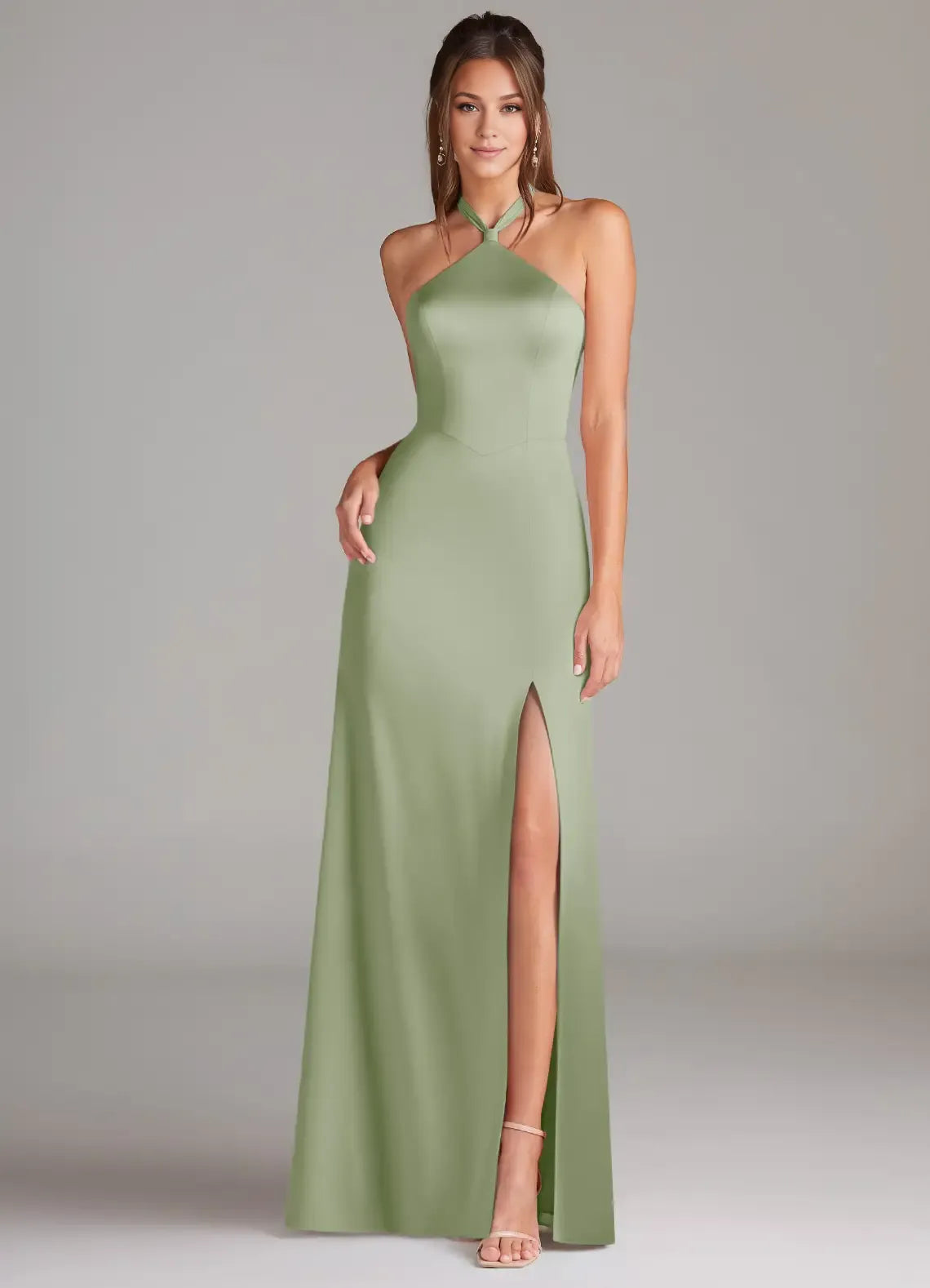 Luxe Sheath Satin Halter Neck Sleeveless Bow Back Floor Length Bridesmaid Dress