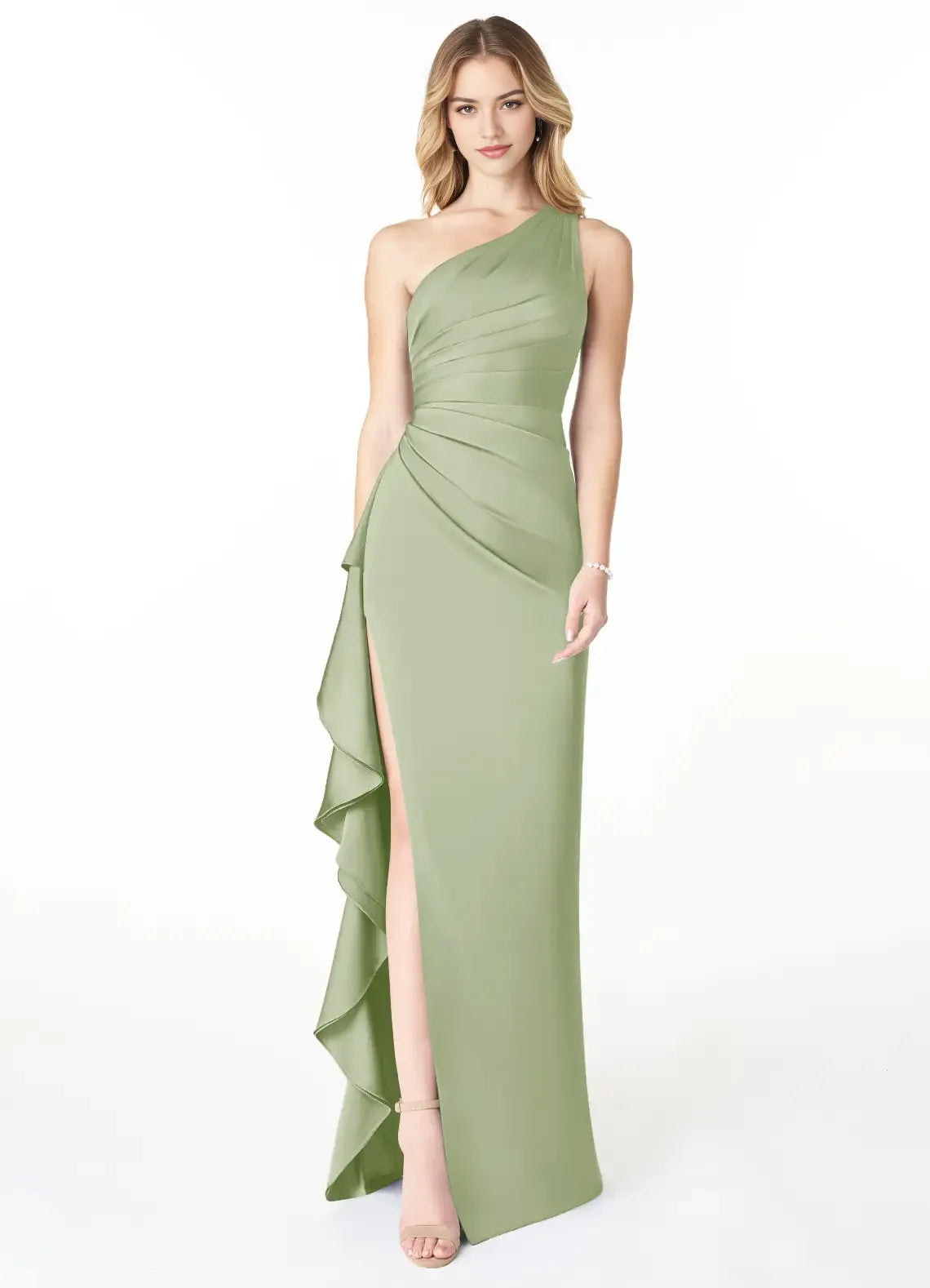 Luxe Sheath Satin One Shoulder Sleeveless Asymmetrical Ruffle Floor Length Bridesmaid Dress