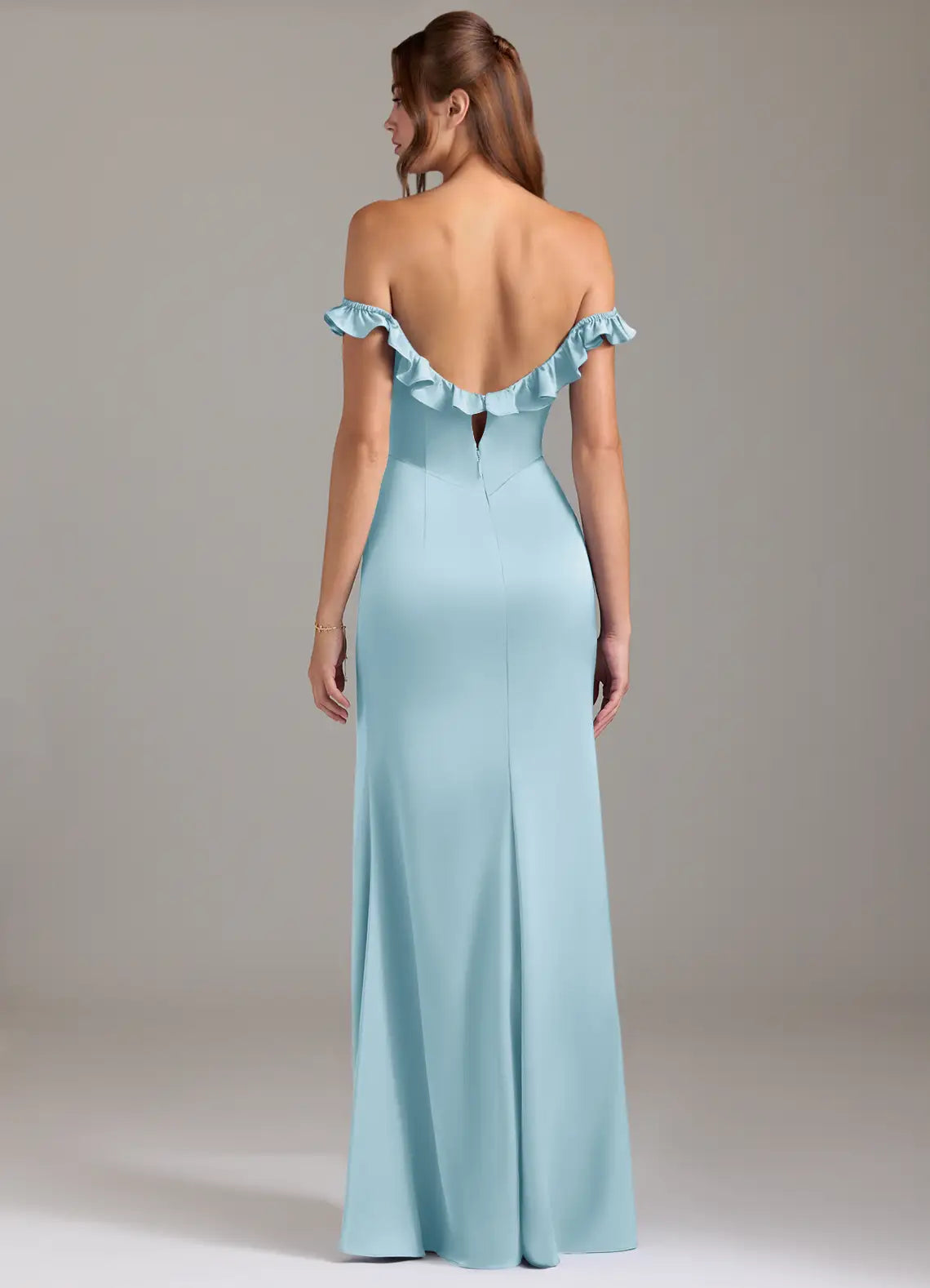 Luxe Sheath Square Neck Ruffle Cold Shoulder Keyhole Back Floor Length Bridesmaid Dress