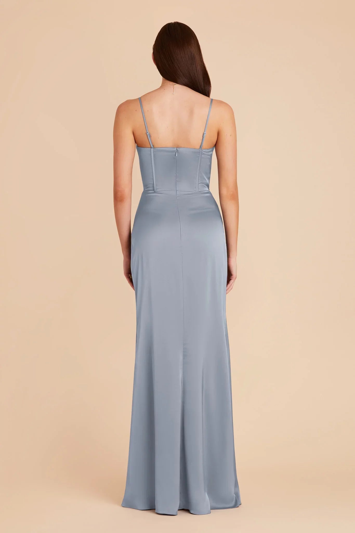 Luxe Dusty Blue Satin Cowl Neck Spaghetti-Strap Maxi Bridesmaid Dress with Ruched Bodice & High Side Slit
