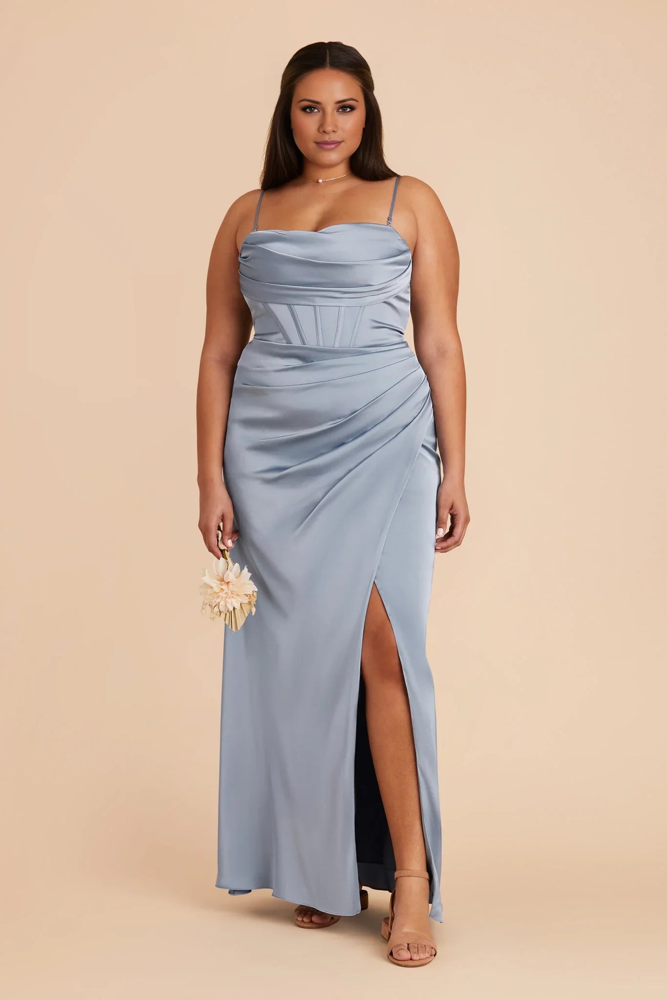 Luxe Dusty Blue Satin Cowl Neck Spaghetti-Strap Maxi Bridesmaid Dress with Ruched Bodice & High Side Slit