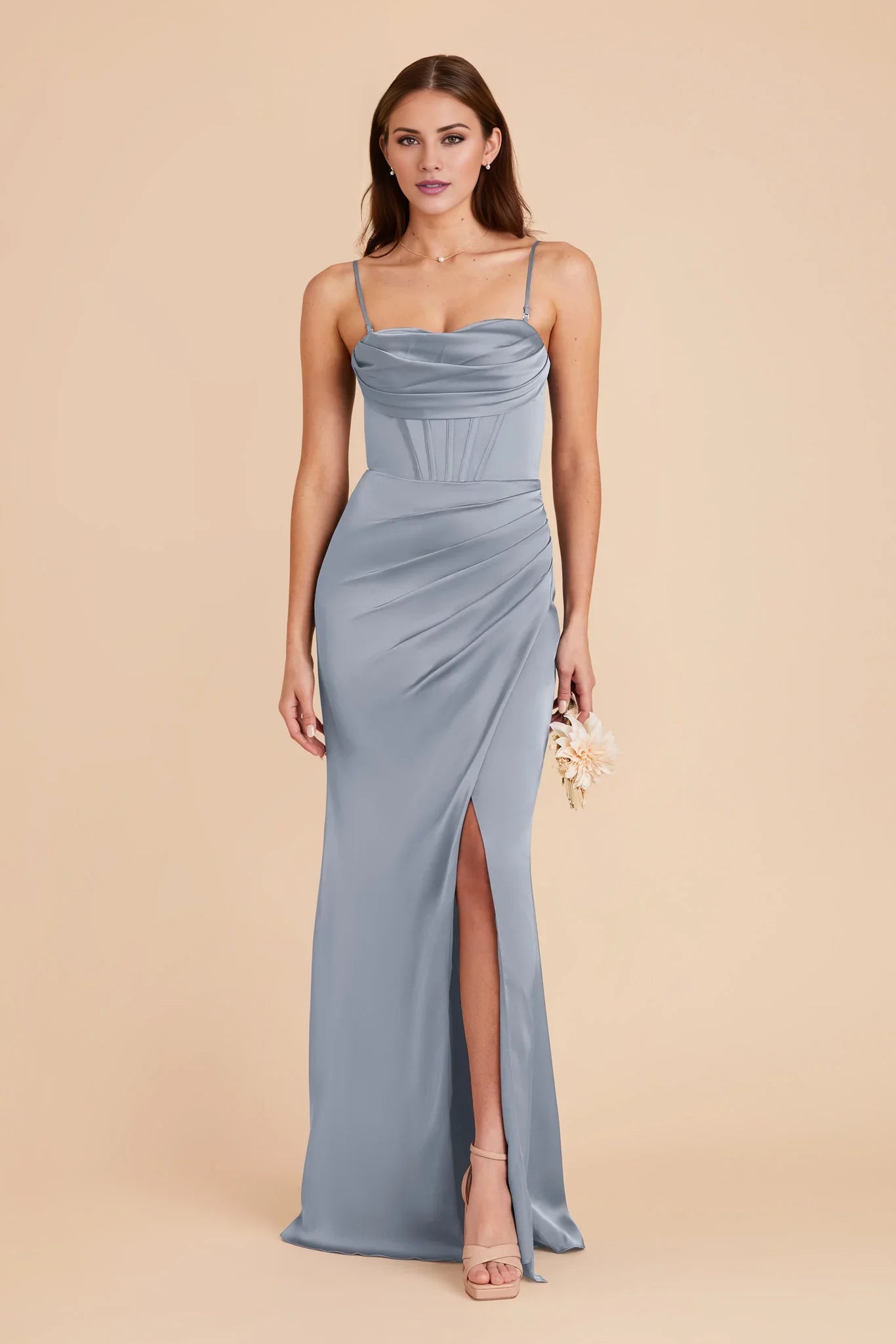 Luxe Dusty Blue Satin Cowl Neck Spaghetti-Strap Maxi Bridesmaid Dress with Ruched Bodice & High Side Slit