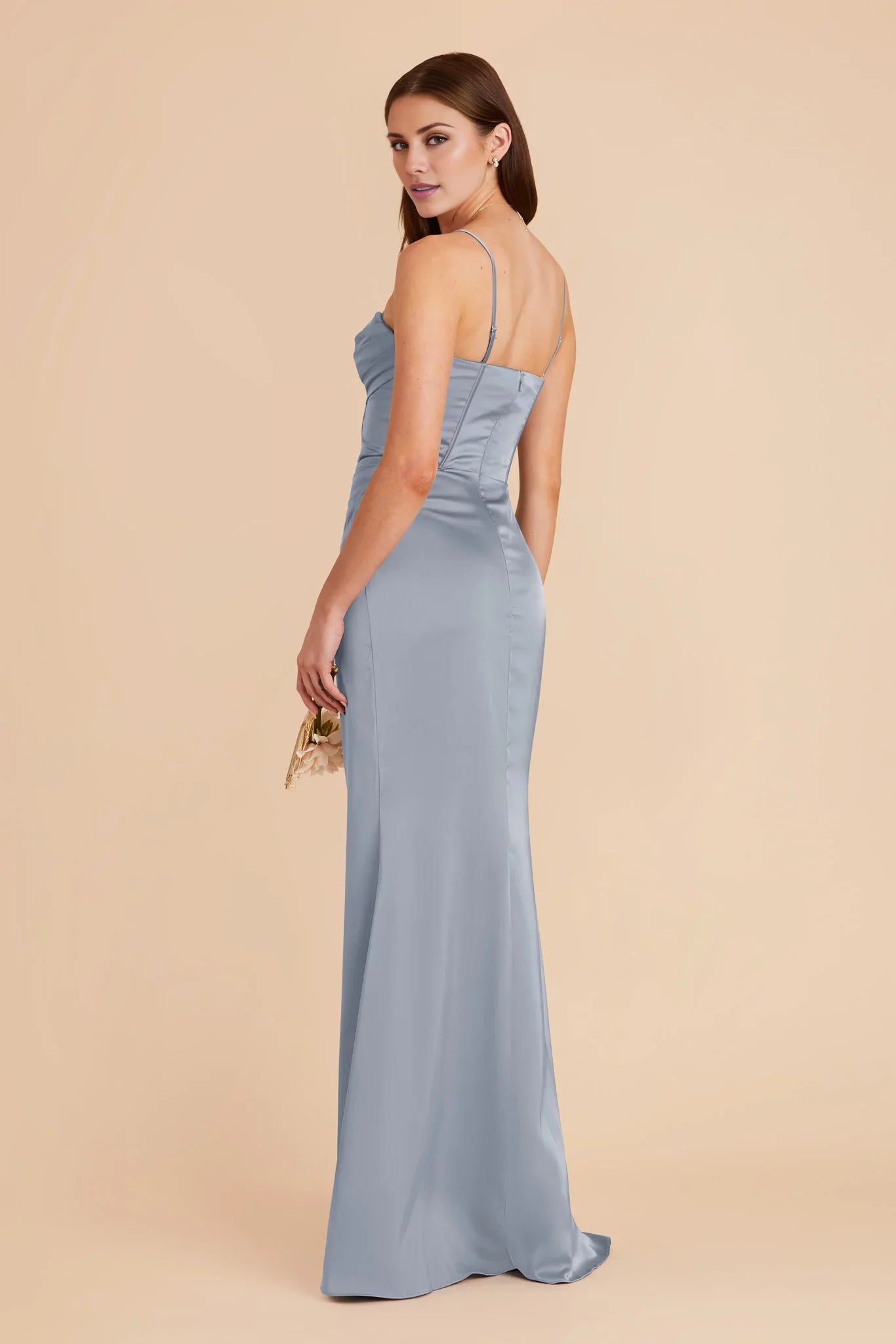 Luxe Dusty Blue Satin Cowl Neck Spaghetti-Strap Maxi Bridesmaid Dress with Ruched Bodice & High Side Slit