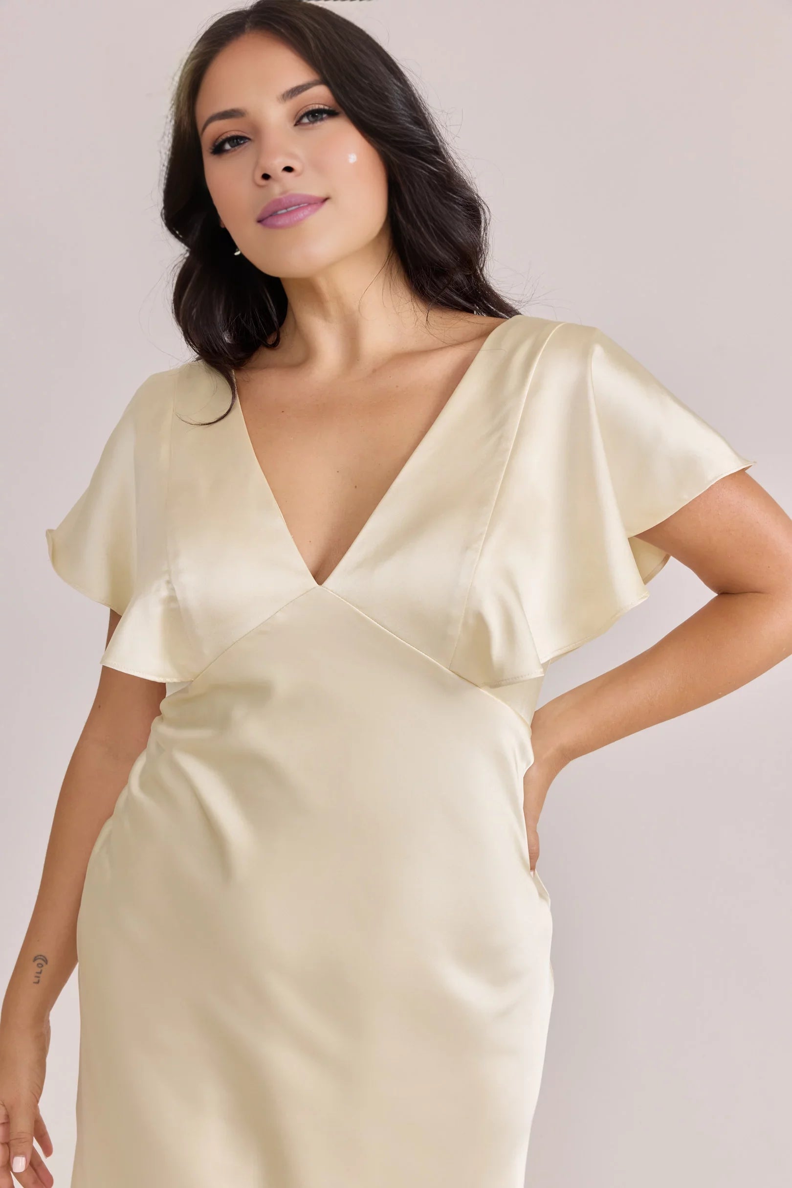 Luxe Champagne Satin Ruffle-Cap-Sleeve Plunging V-Neck Full-Length Bridesmaid Gown