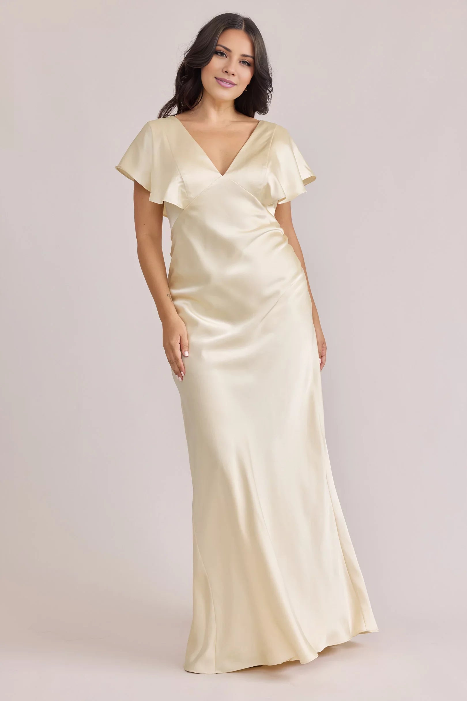 Luxe Champagne Satin Ruffle-Cap-Sleeve Plunging V-Neck Full-Length Bridesmaid Gown