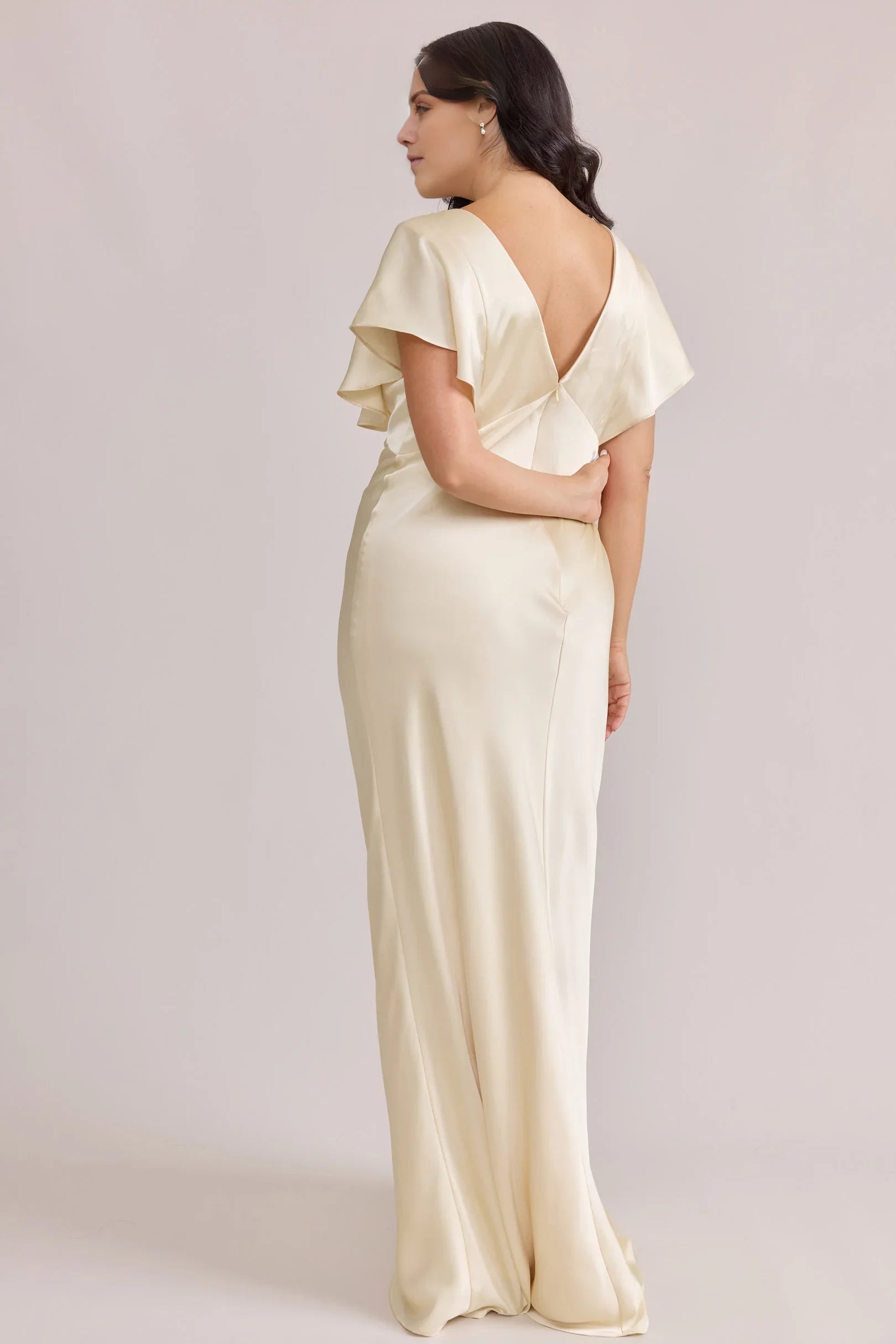 Luxe Champagne Satin Ruffle-Cap-Sleeve Plunging V-Neck Full-Length Bridesmaid Gown