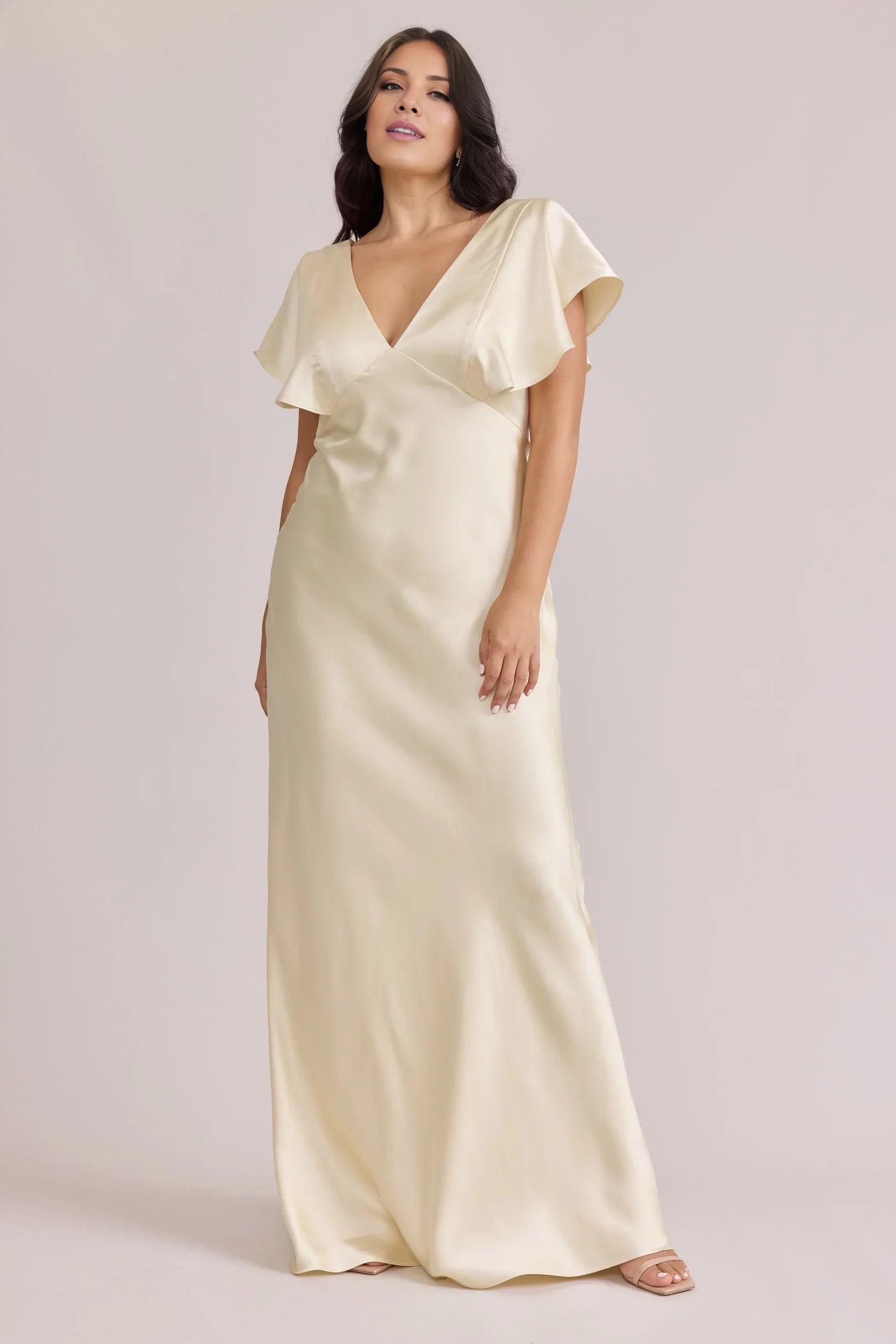 Luxe Champagne Satin Ruffle-Cap-Sleeve Plunging V-Neck Full-Length Bridesmaid Gown