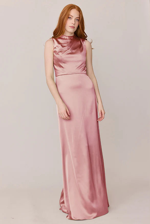 Luxe Satin Cowl Neck Sleeveless A-Line Bridesmaid Dress with Pockets High Slit Floor-Length Hem