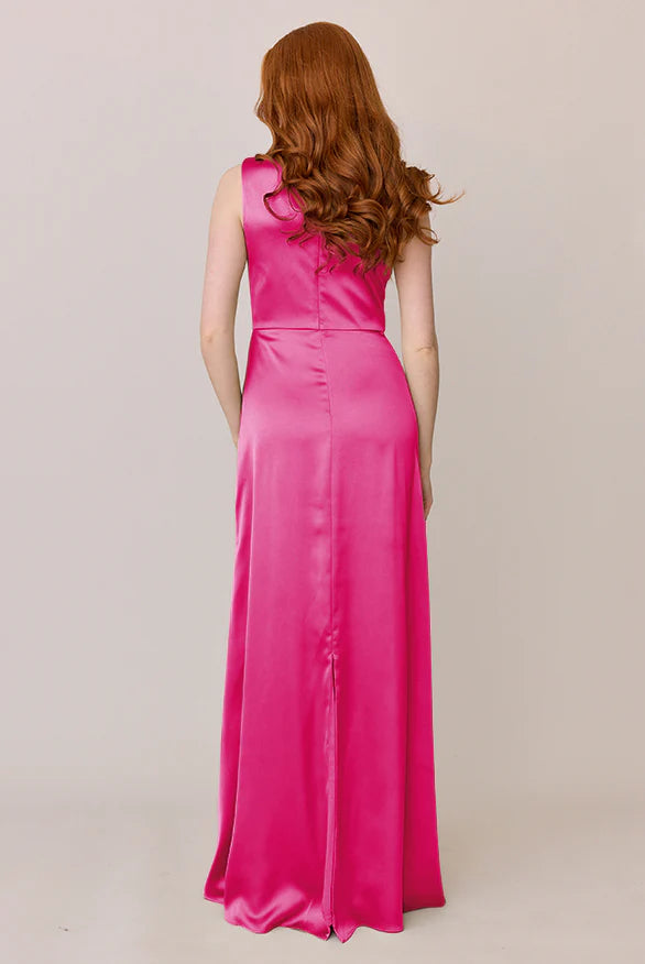 Luxe Satin High Neck Bridesmaid Dresses with Draped Bodice, Back Slit and Floor-Length Formal Gown
