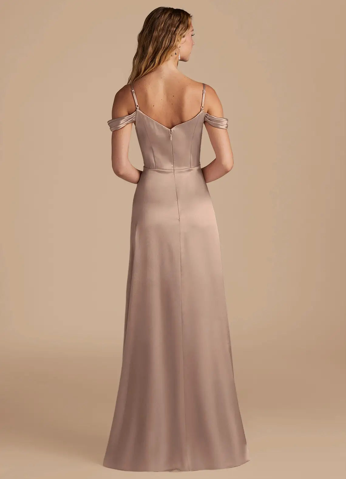Bridesmaid Dresses Luxe Satin Off-Shoulder Adjustable Spaghetti Strap High Slit Floor-Length Gown
