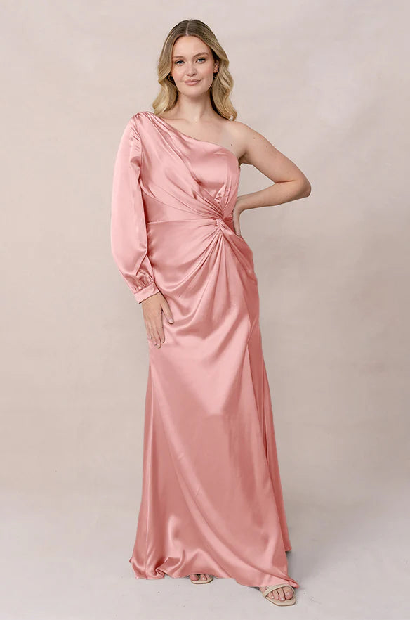 Luxe Satin One-Shoulder Twist Front Bishop Sleeve Mermaid Bridesmaid Dress with Pockets Floor-Length Hem