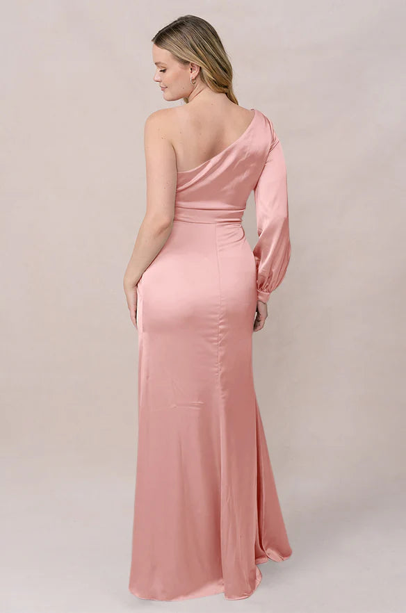 Luxe Satin One-Shoulder Twist Front Bishop Sleeve Mermaid Bridesmaid Dress with Pockets Floor-Length Hem