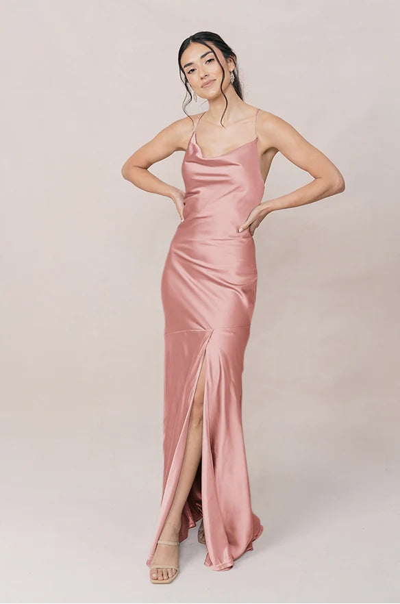 Luxe Satin Spaghetti Strap Cowl Neck Crisscross Lace-Up Open Back Mermaid Bridesmaid Dress with Pockets High Slit Floor-Length Hem
