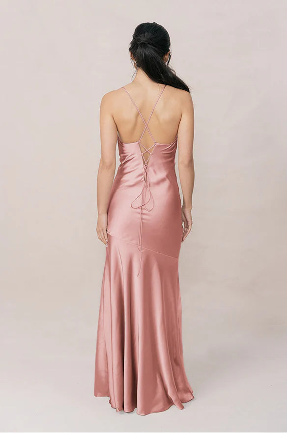 Luxe Satin Spaghetti Strap Cowl Neck Crisscross Lace-Up Open Back Mermaid Bridesmaid Dress with Pockets High Slit Floor-Length Hem