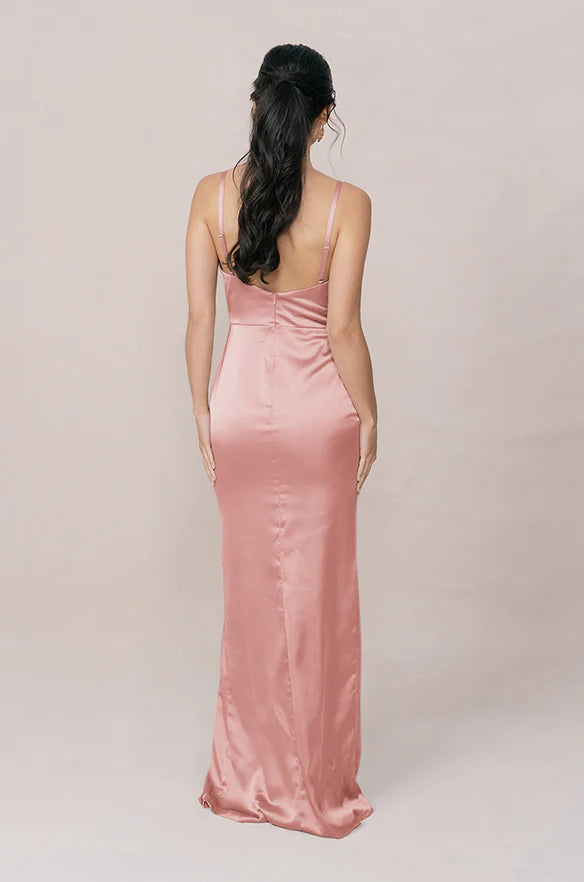Luxe Satin Spaghetti Strap Surplice V-Neck Open Back Mermaid Bridesmaid Dress with Pockets, High Slit & Floor-Length Hem