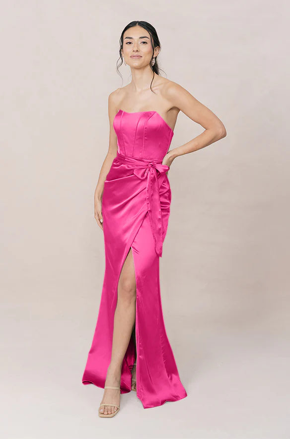 Luxe Satin Strapless Bridesmaid Dresses with Structured Corset Bodice, Sash Bow Detail and High Slit Formal Gown
