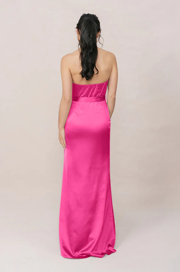 Luxe Satin Strapless Bridesmaid Dresses with Structured Corset Bodice, Sash Bow Detail and High Slit Formal Gown