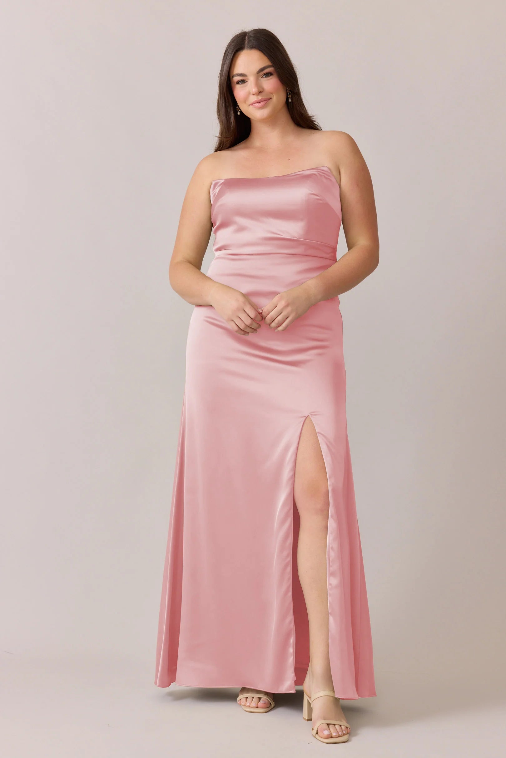 Luxe Satin Strapless Square Neck Mermaid Bridesmaid Dress with Pockets High Slit Floor-Length Hem Plus Size