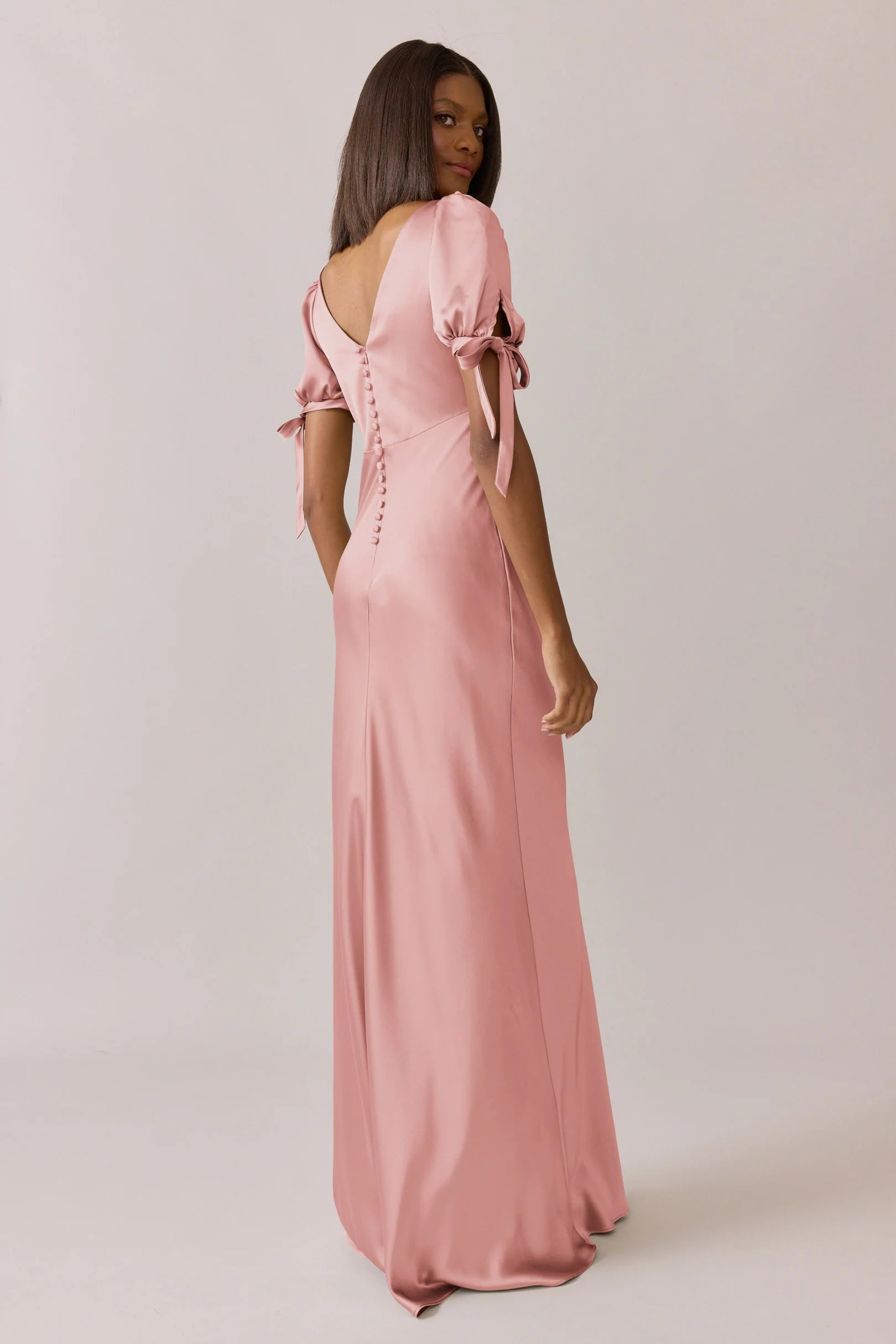 Luxe Satin V-Neck Tie Detail Puff Sleeve A-Line Bridesmaid Dress with Pockets Button Back Floor-Length Hem