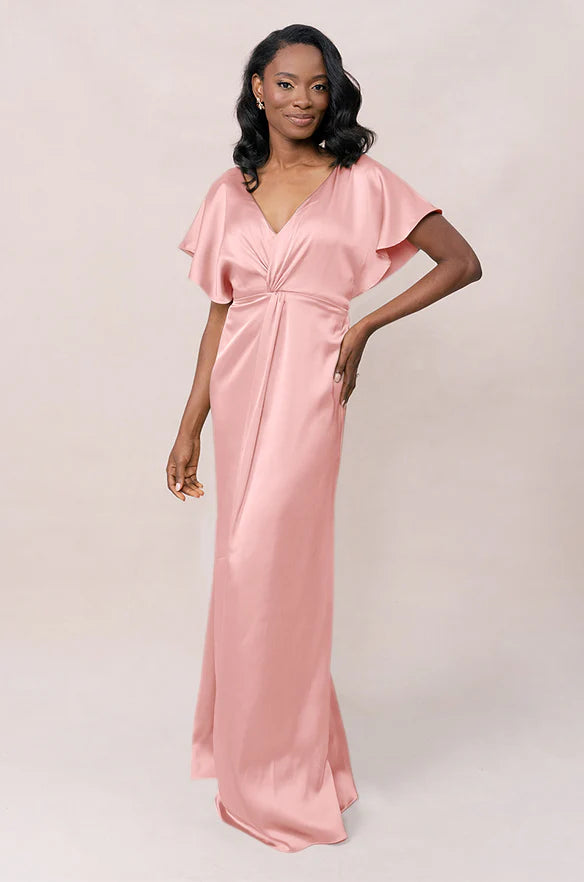 Luxe Satin V-Neck Twist Front Flutter Sleeve Mermaid Bridesmaid Dress with Pockets Open Back Floor-Length Hem