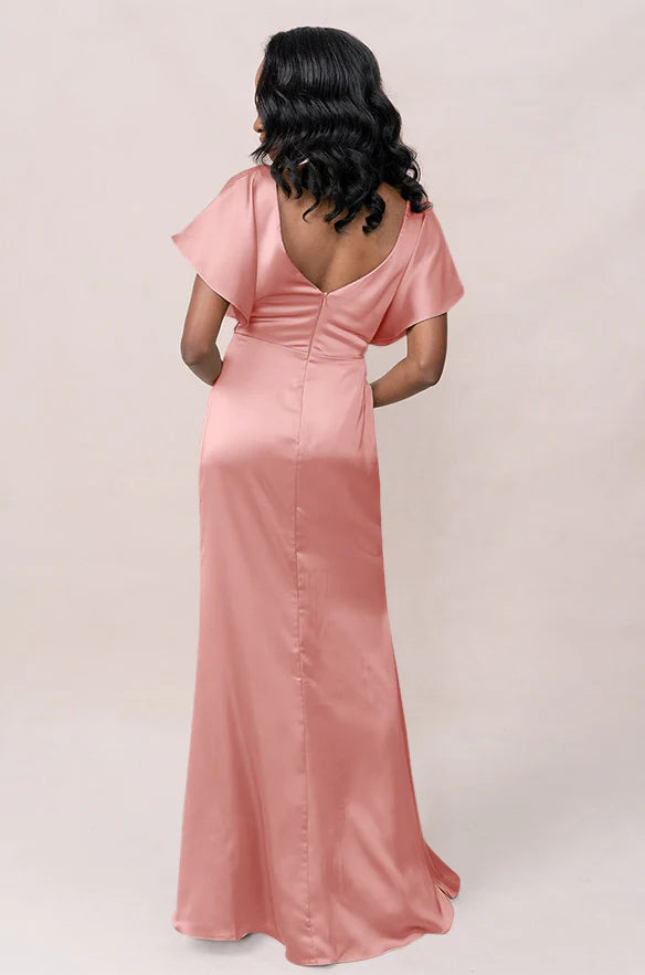 Luxe Satin V-Neck Twist Front Flutter Sleeve Mermaid Bridesmaid Dress with Pockets Open Back Floor-Length Hem