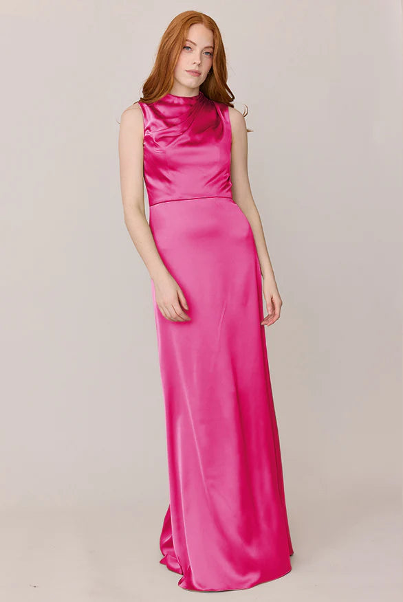 Luxe Satin High Neck Bridesmaid Dresses with Draped Bodice, Back Slit and Floor-Length Formal Gown