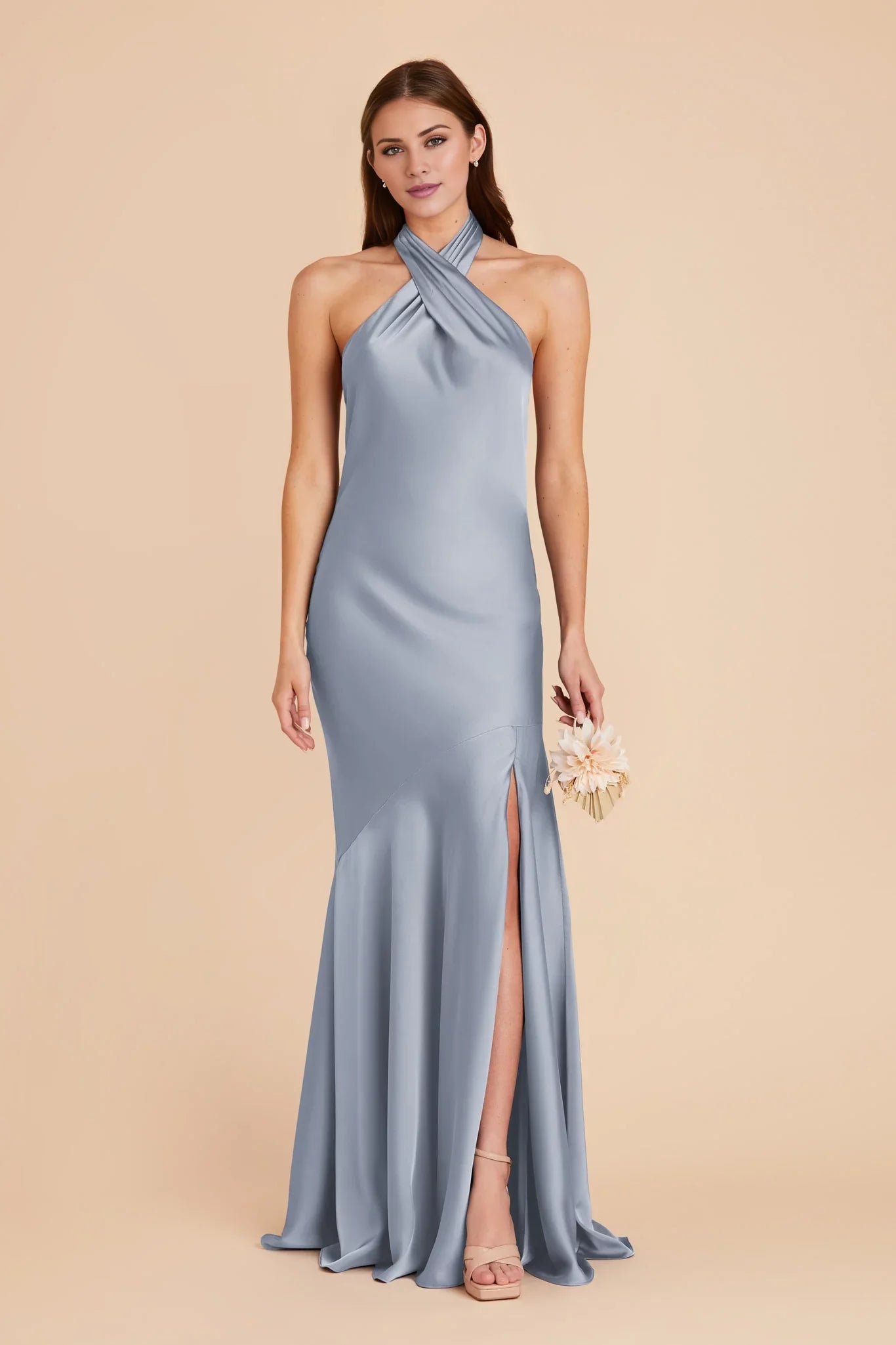 Luxurious Dusty Blue Satin Halter-Neck Maxi Bridesmaid Dress with Open Back & High Side Slit
