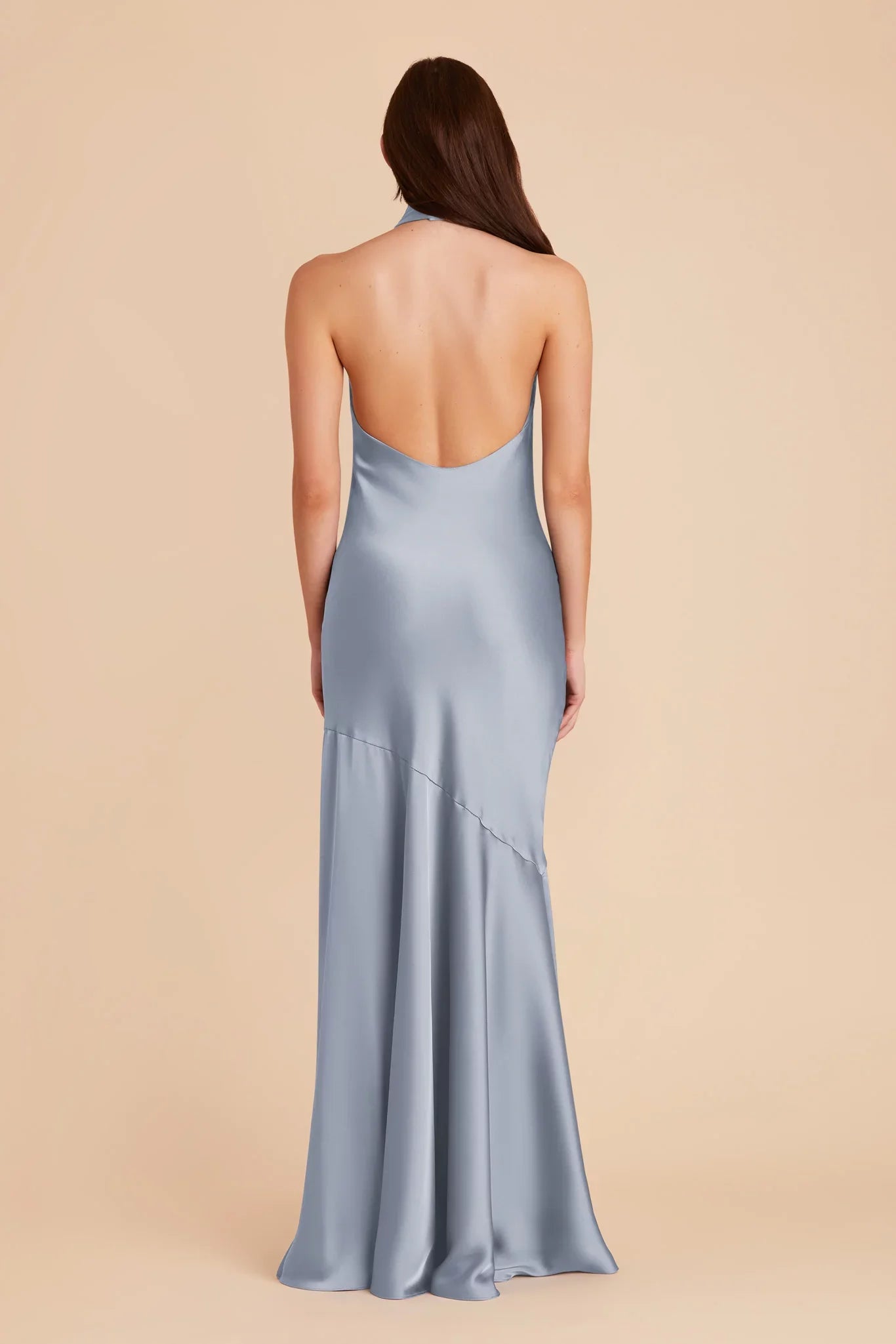 Luxurious Dusty Blue Satin Halter-Neck Maxi Bridesmaid Dress with Open Back & High Side Slit