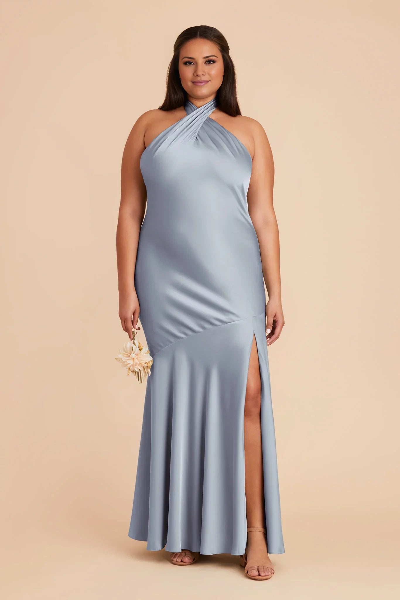 Luxurious Dusty Blue Satin Halter-Neck Maxi Bridesmaid Dress with Open Back & High Side Slit