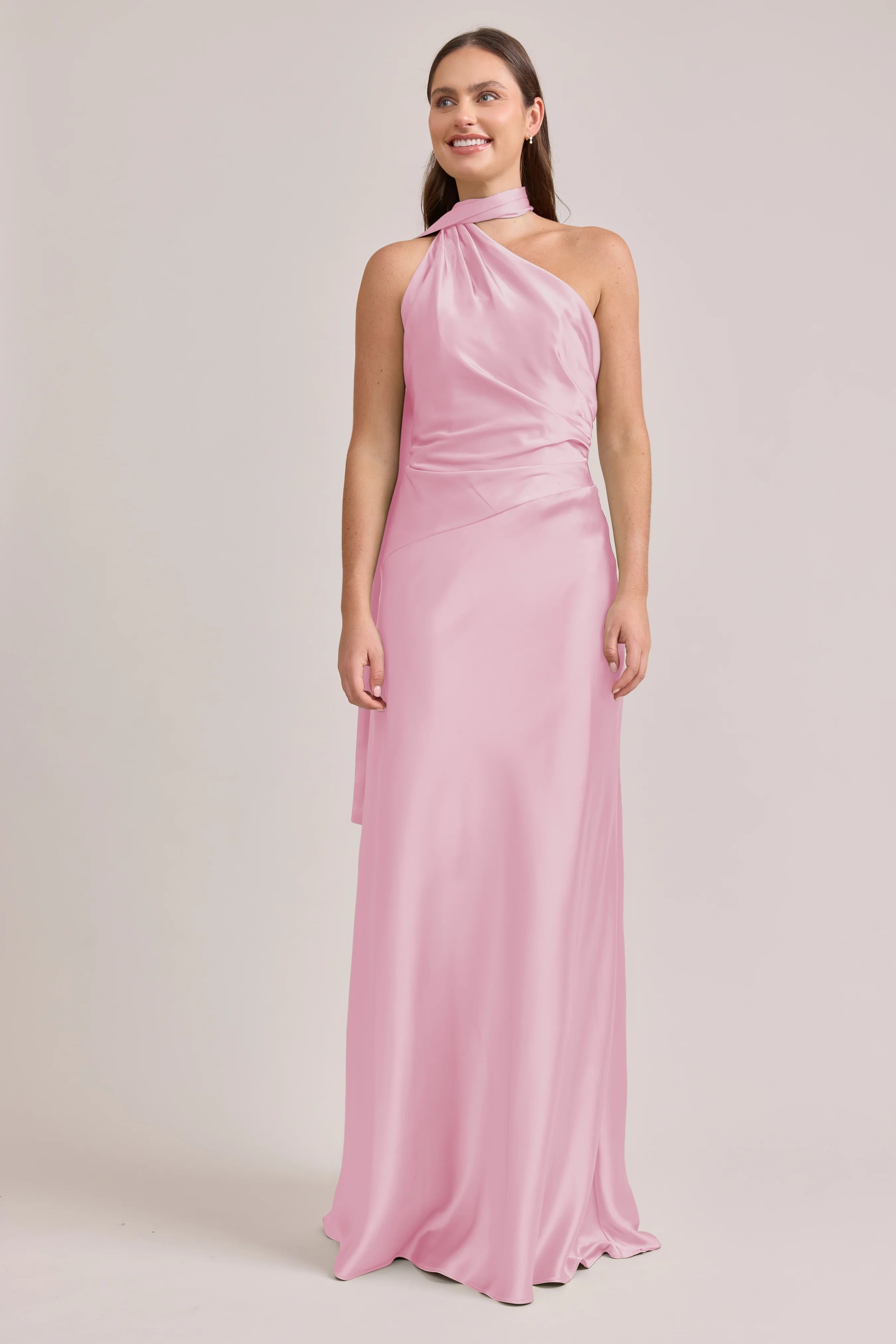 Luxurious Satin Halter Neck One-shoulder Open Back Floor-length Pink Bridesmaid Dress
