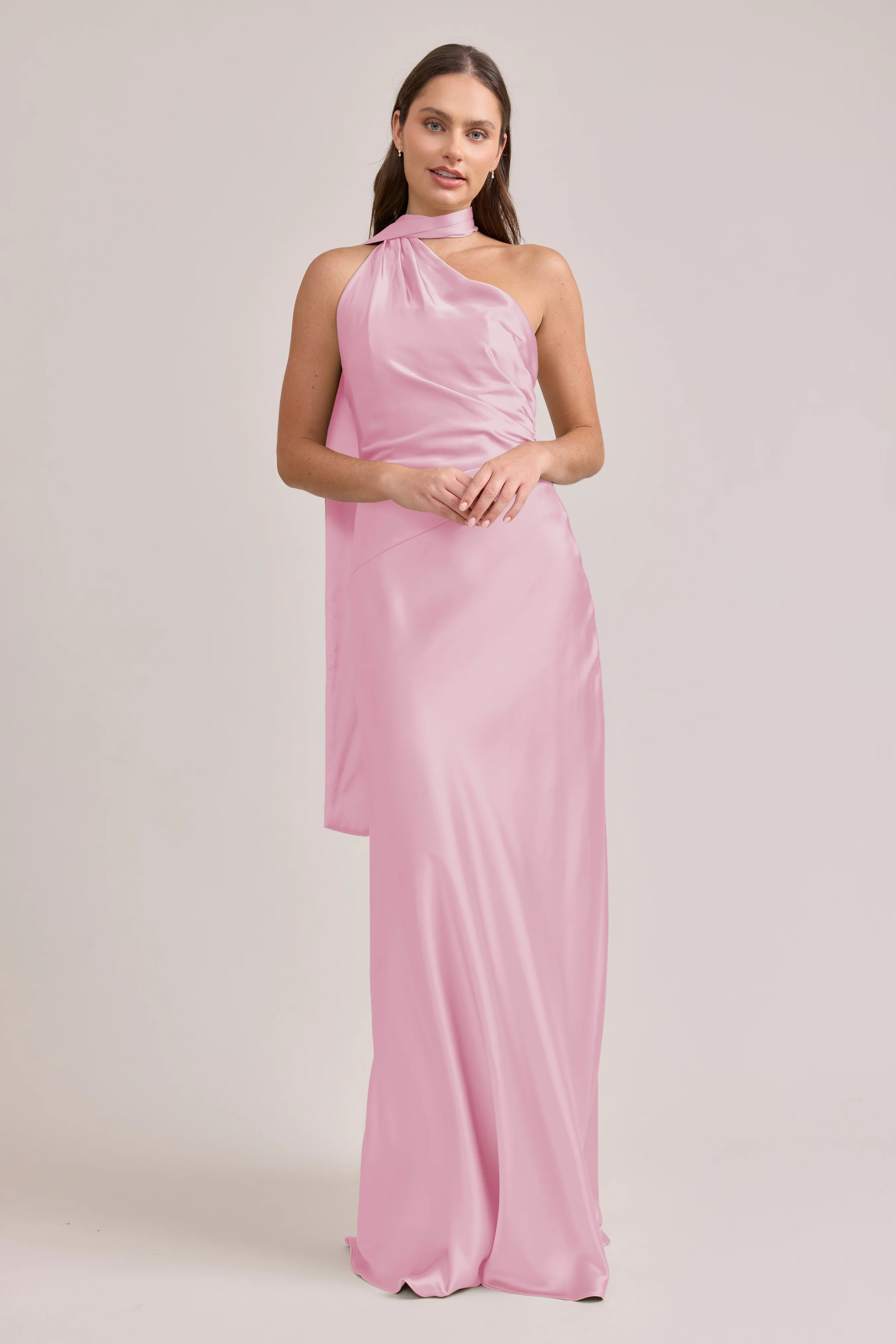 Luxurious Satin Halter Neck One-shoulder Open Back Floor-length Pink Bridesmaid Dress