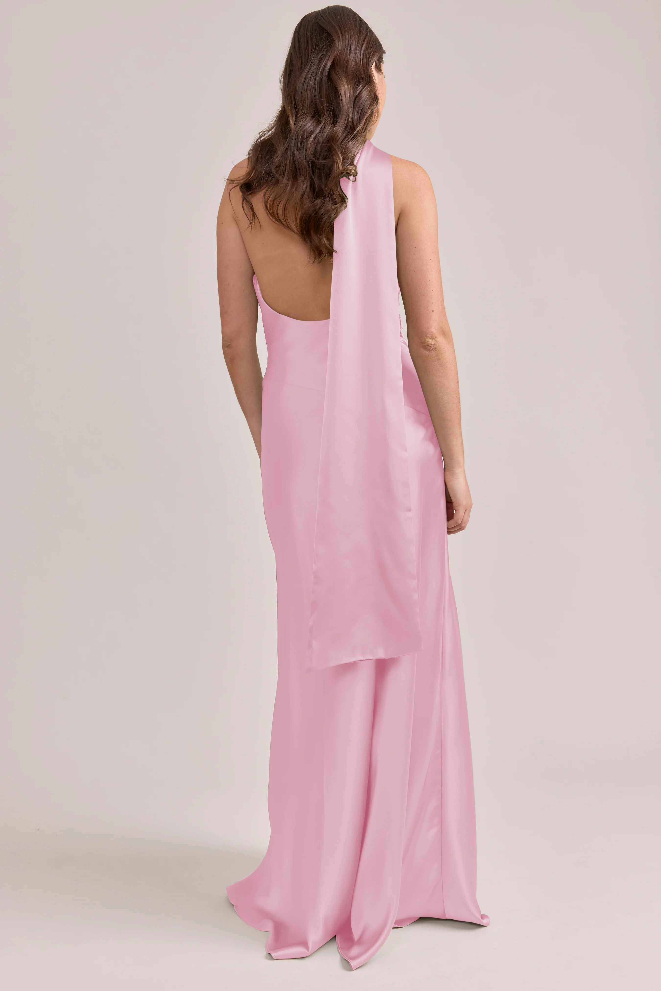 Luxurious Satin Halter Neck One-shoulder Open Back Floor-length Pink Bridesmaid Dress