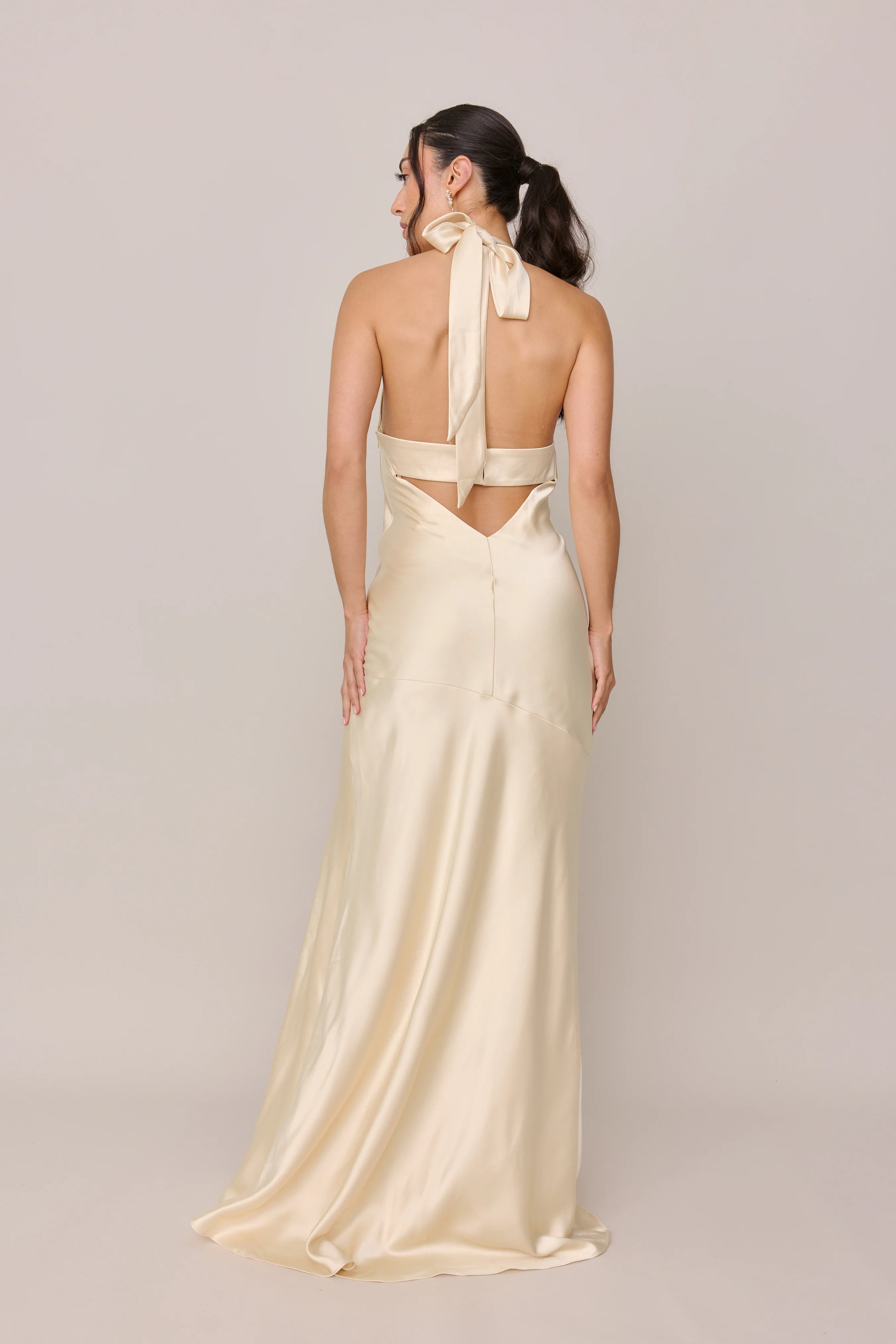 Luxurious Satin Halter Neck Tie Back Cutout Side Slit Floor-length Champagne Bridesmaid Dress